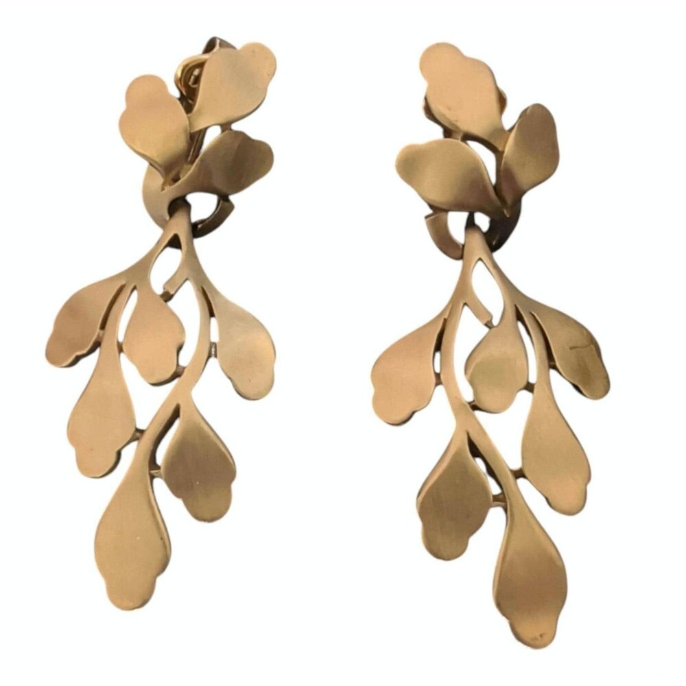Vintage Crown Trifari Dangle Brushed Gold Leaf Clip On Earrings Circa 1955-1969